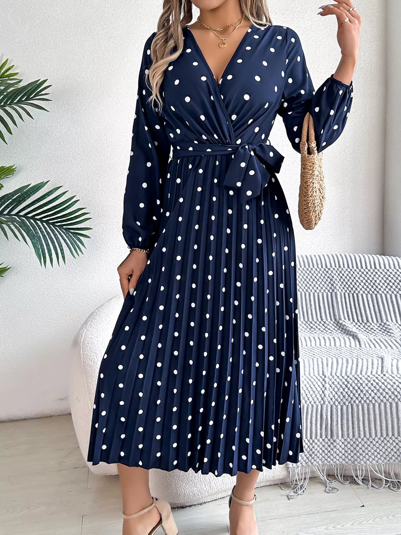 Front Tie Polka Dot Midi Pleated Dress