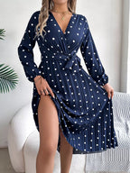 Front Tie Polka Dot Midi Pleated Dress