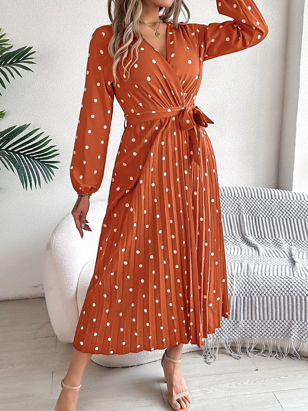 Front Tie Polka Dot Midi Pleated Dress.