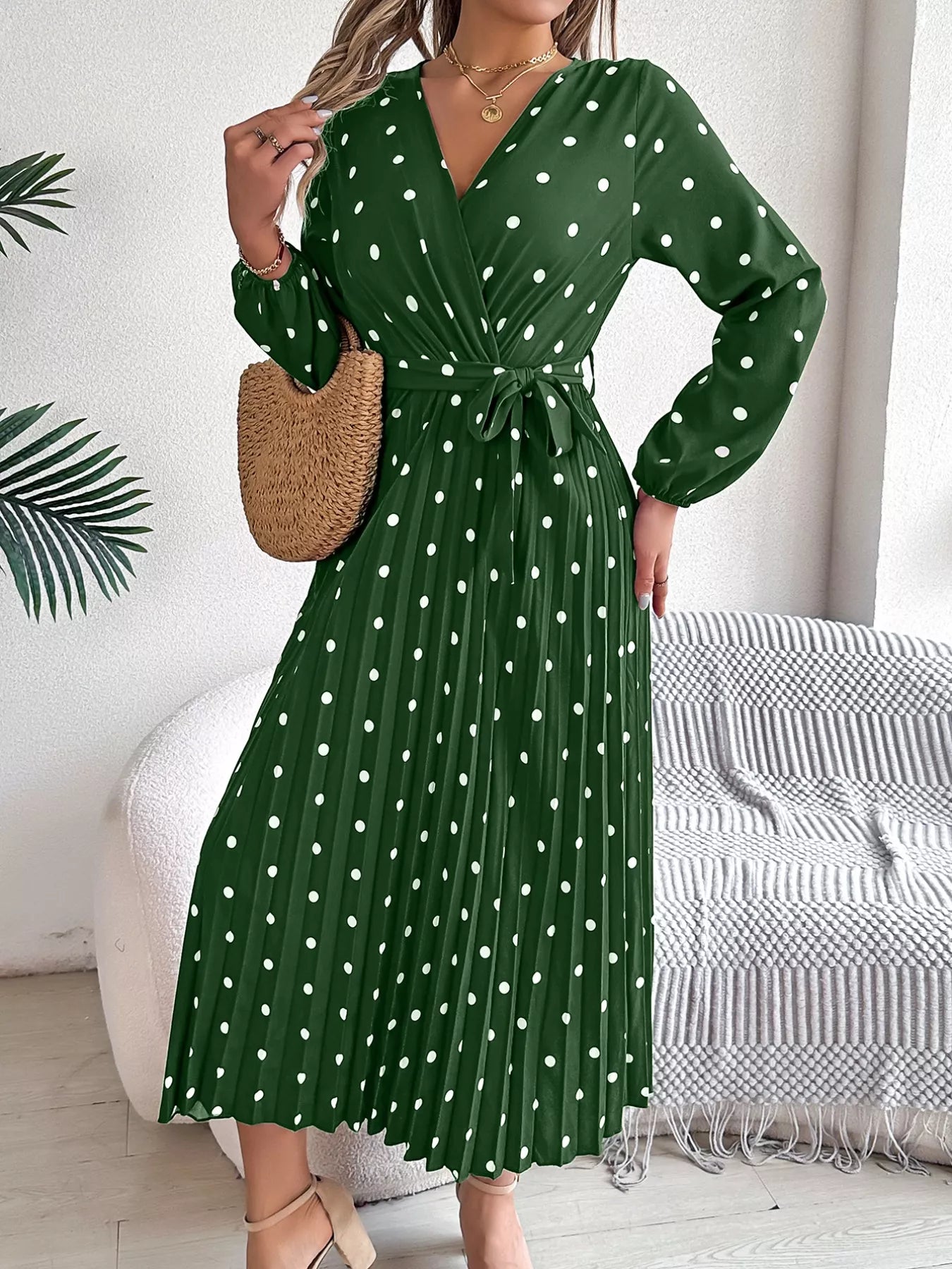 Front Tie Polka Dot Midi Pleated Dress.