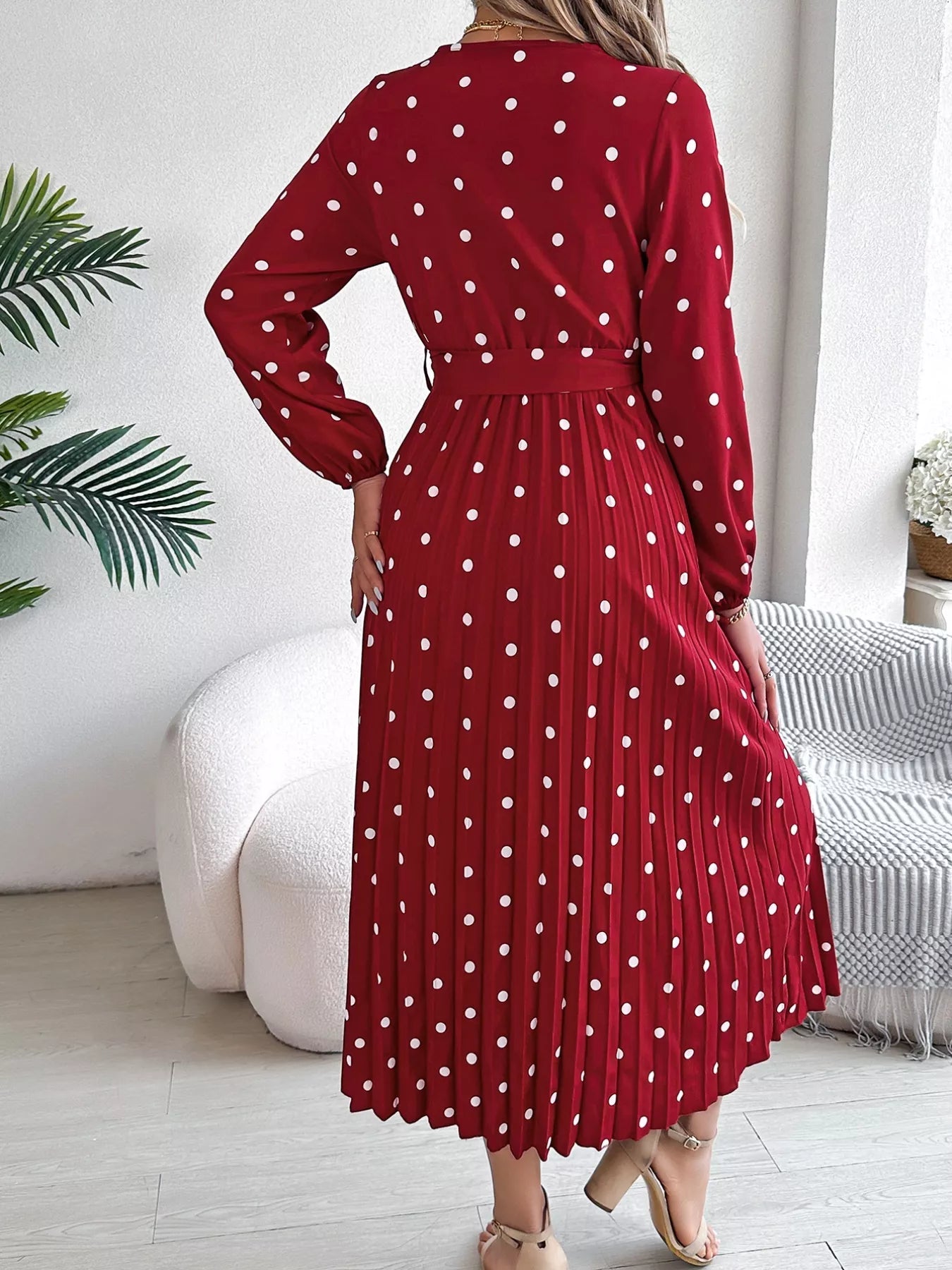 Front Tie Polka Dot Midi Pleated Dress.