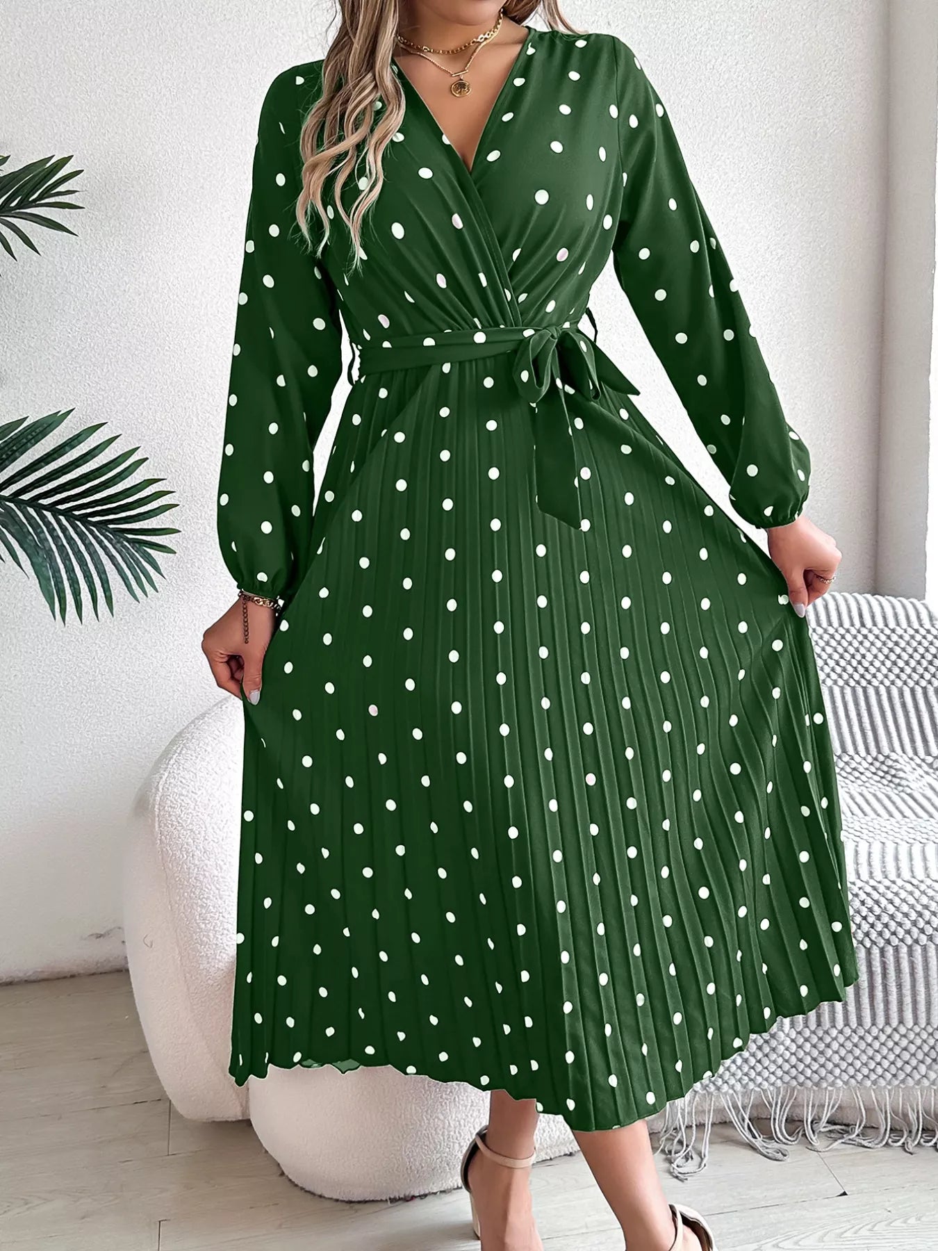 Front Tie Polka Dot Midi Pleated Dress.
