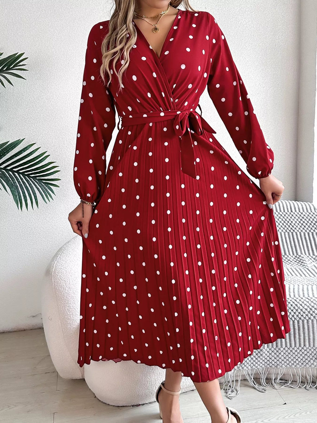 Front Tie Polka Dot Midi Pleated Dress.