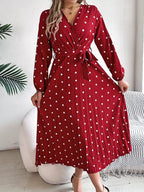 Front Tie Polka Dot Midi Pleated Dress.