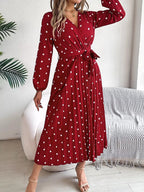 Front Tie Polka Dot Midi Pleated Dress.