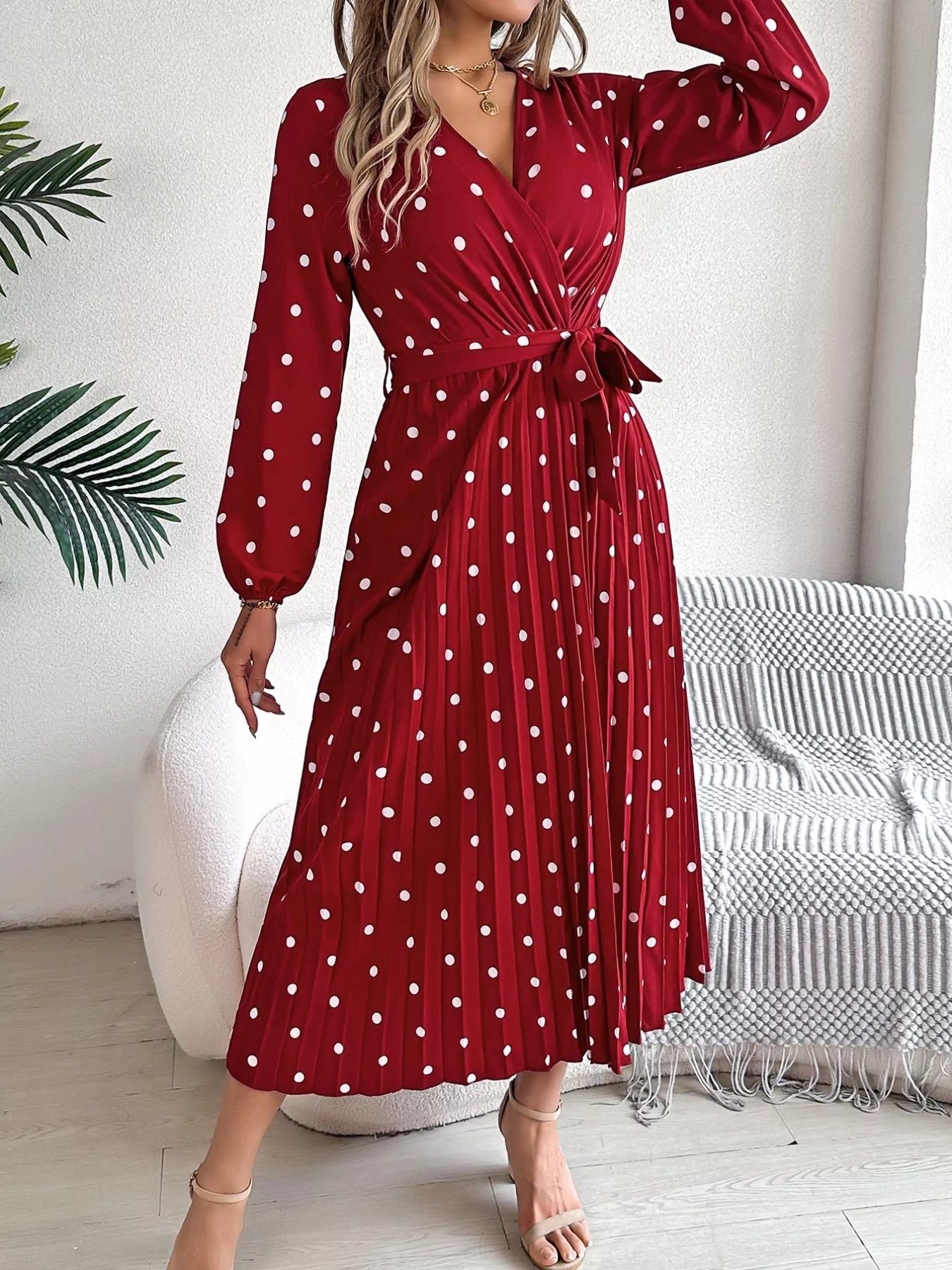 Front Tie Polka Dot Midi Pleated Dress.