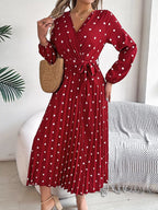 Front Tie Polka Dot Midi Pleated Dress.