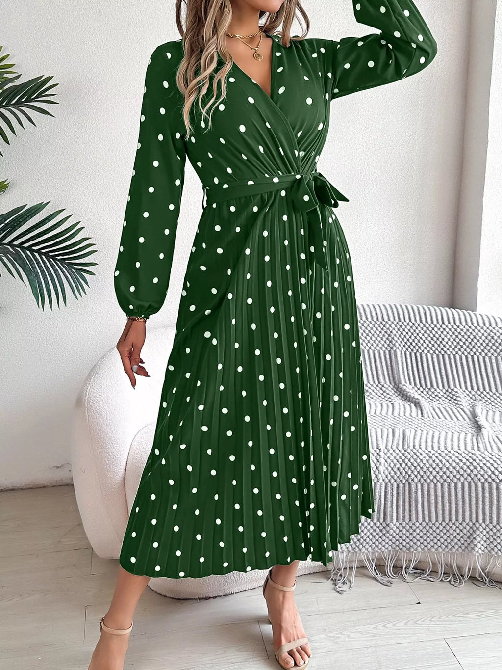 Front Tie Polka Dot Midi Pleated Dress.
