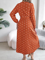Front Tie Polka Dot Midi Pleated Dress.