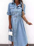 Full Size Button Down Roll-Up Sleeve Denim Shirt Dress Plus Size.