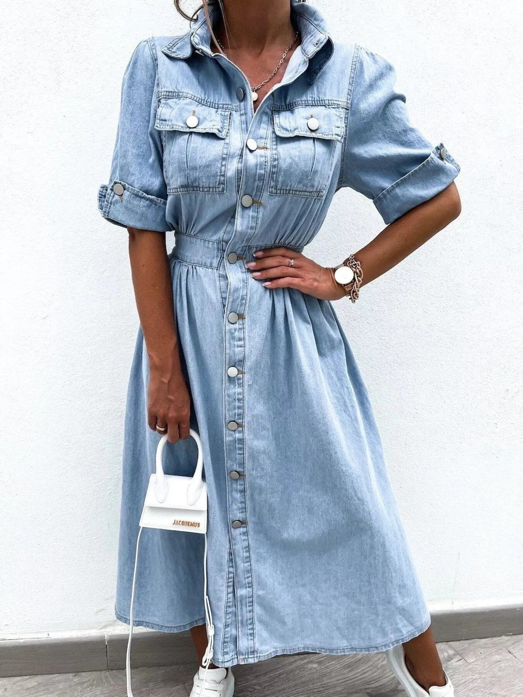 Full Size Button Down Roll-Up Sleeve Denim Shirt Dress Plus Size.