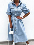 Full Size Button Down Roll-Up Sleeve Denim Shirt Dress Plus Size.