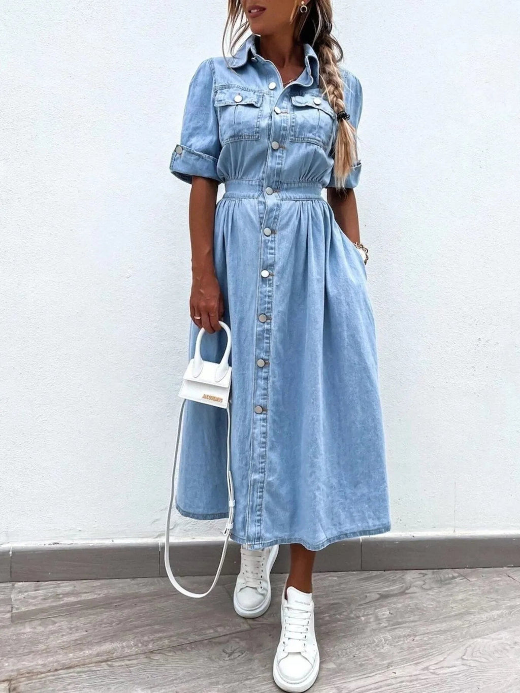 Full Size Button Down Roll-Up Sleeve Denim Shirt Dress Plus Size.