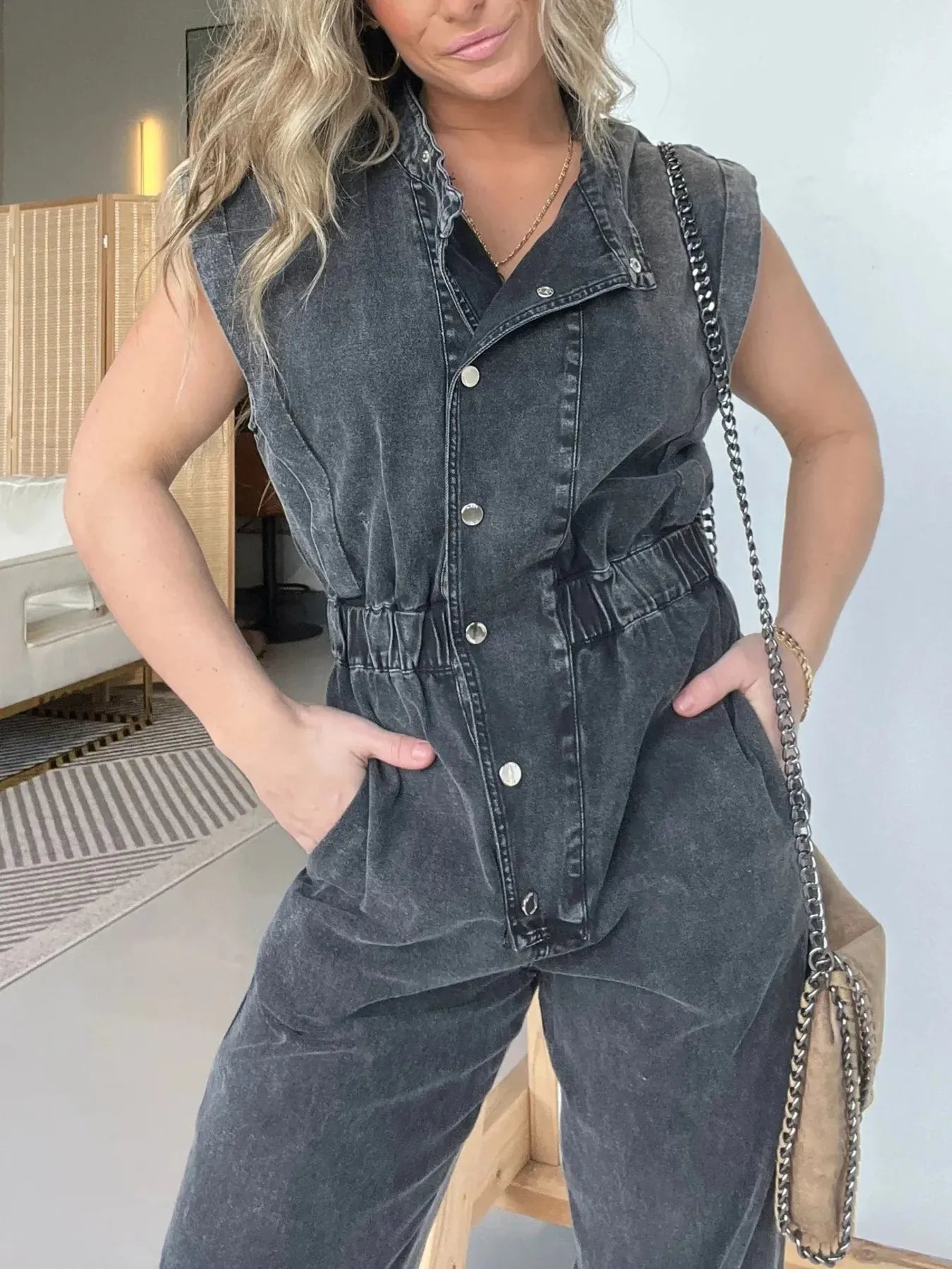 Full Size Button Front Cap Sleeve Denim Jumpsuit Plus Size.