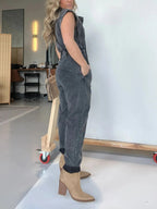 Full Size Button Front Cap Sleeve Denim Jumpsuit Plus Size.