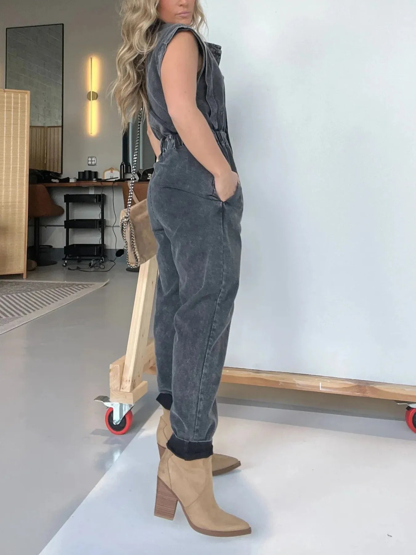 Full Size Button Front Cap Sleeve Denim Jumpsuit Plus Size.