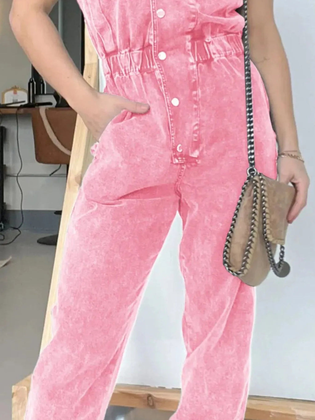 Full Size Button Front Cap Sleeve Denim Jumpsuit Plus Size.