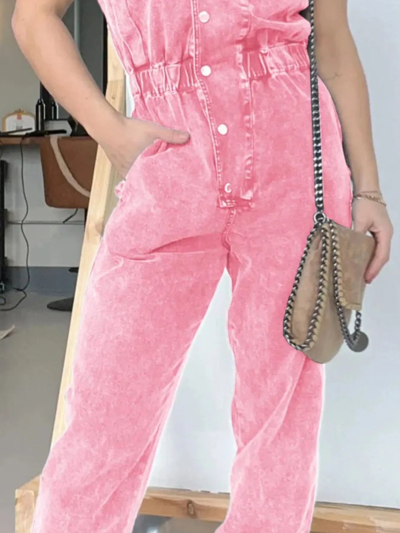 Full Size Button Front Cap Sleeve Denim Jumpsuit Plus Size.