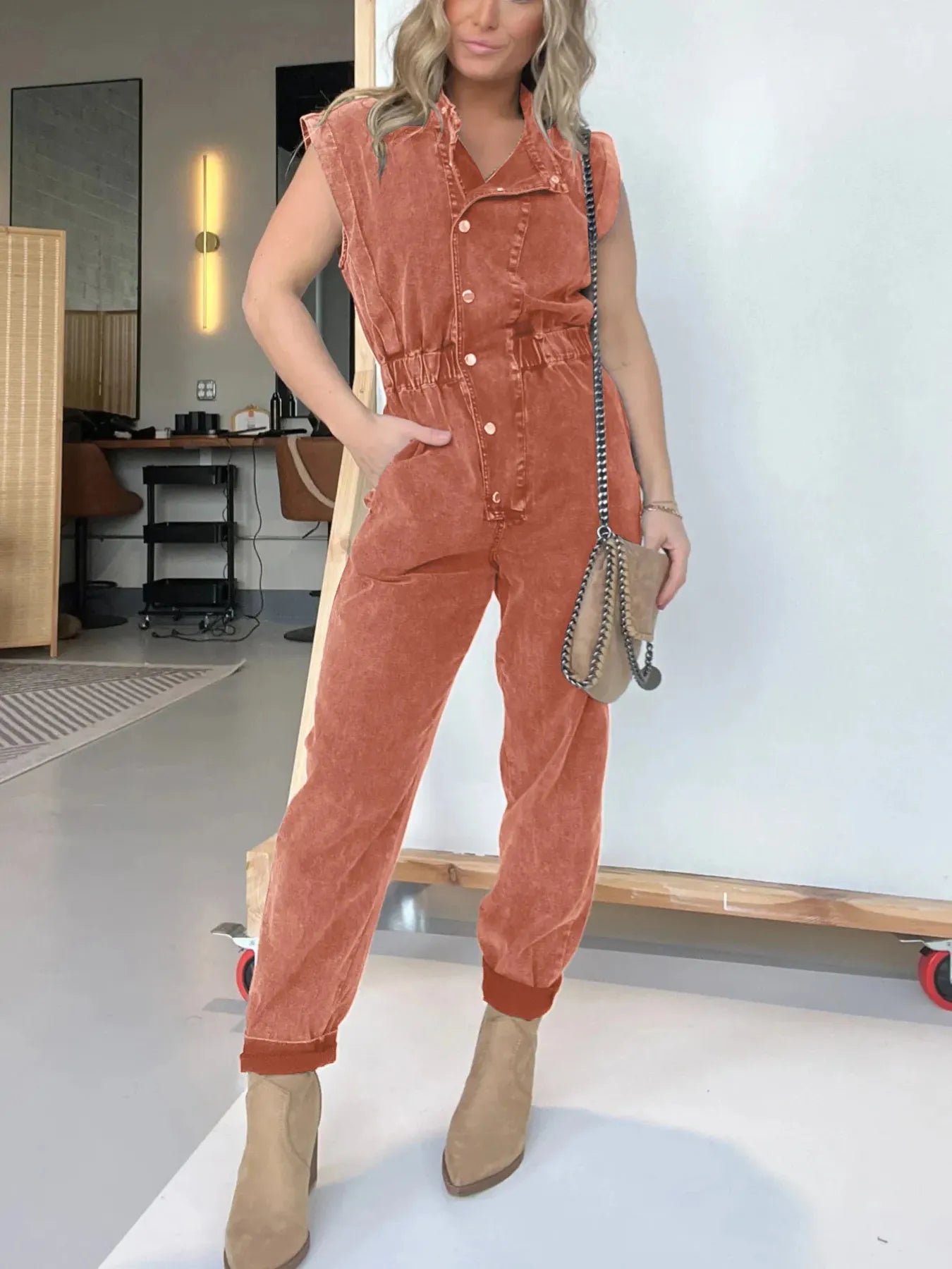 Full Size Button Front Cap Sleeve Denim Jumpsuit Plus Size.