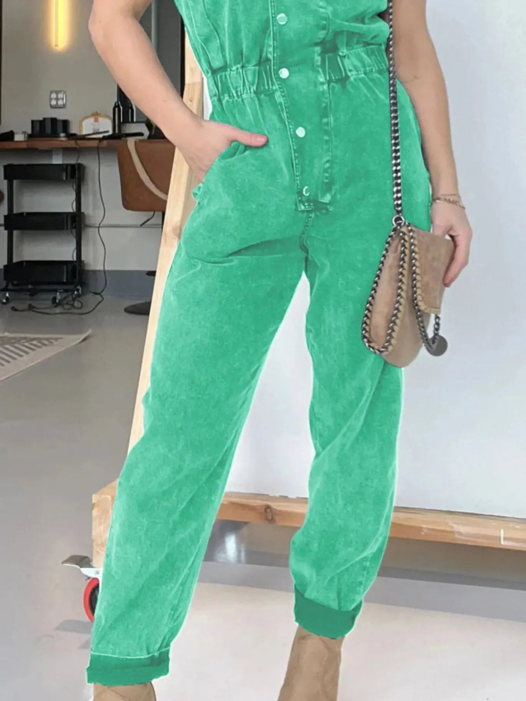 Full Size Button Front Cap Sleeve Denim Jumpsuit Plus Size.