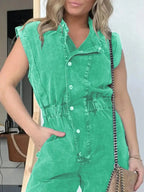 Full Size Button Front Cap Sleeve Denim Jumpsuit Plus Size.