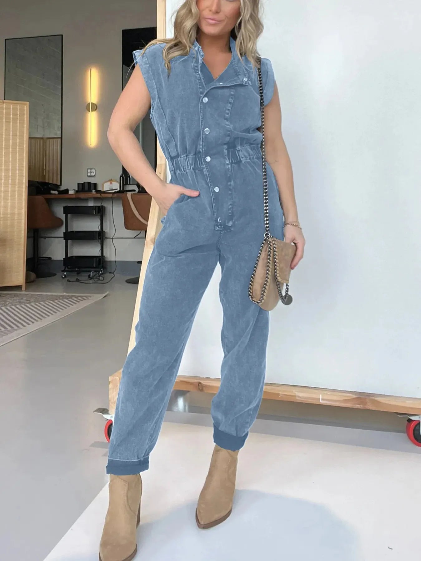Full Size Button Front Cap Sleeve Denim Jumpsuit Plus Size.