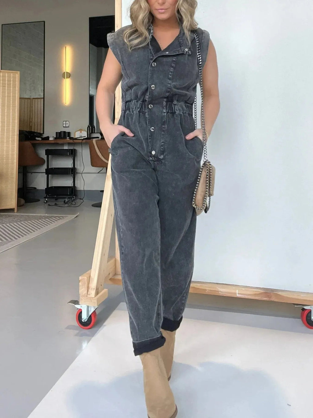 Full Size Button Front Cap Sleeve Denim Jumpsuit Plus Size.