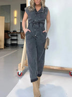 Full Size Button Front Cap Sleeve Denim Jumpsuit Plus Size.