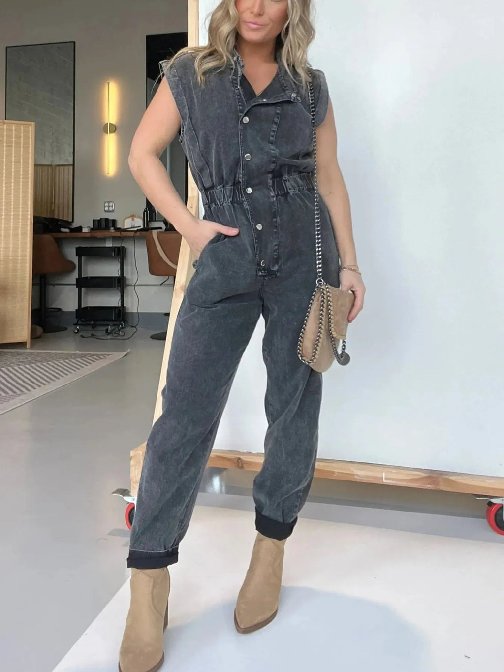 Full Size Button Front Cap Sleeve Denim Jumpsuit Plus Size.