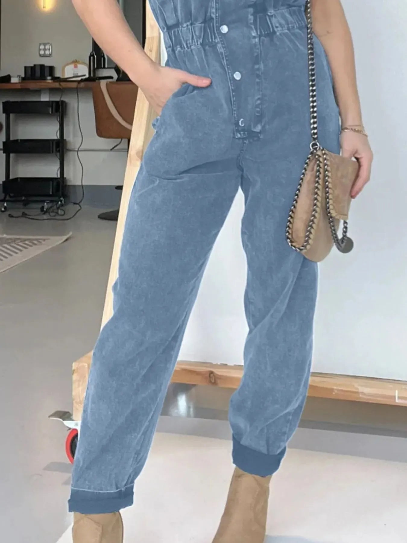 Full Size Button Front Cap Sleeve Denim Jumpsuit Plus Size.