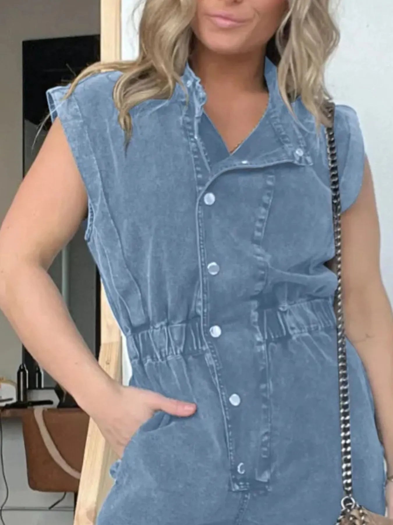 Full Size Button Front Cap Sleeve Denim Jumpsuit Plus Size.