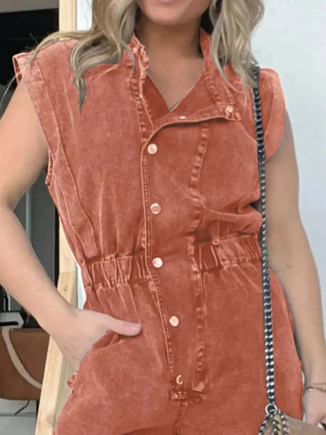 Full Size Button Front Cap Sleeve Denim Jumpsuit Plus Size.