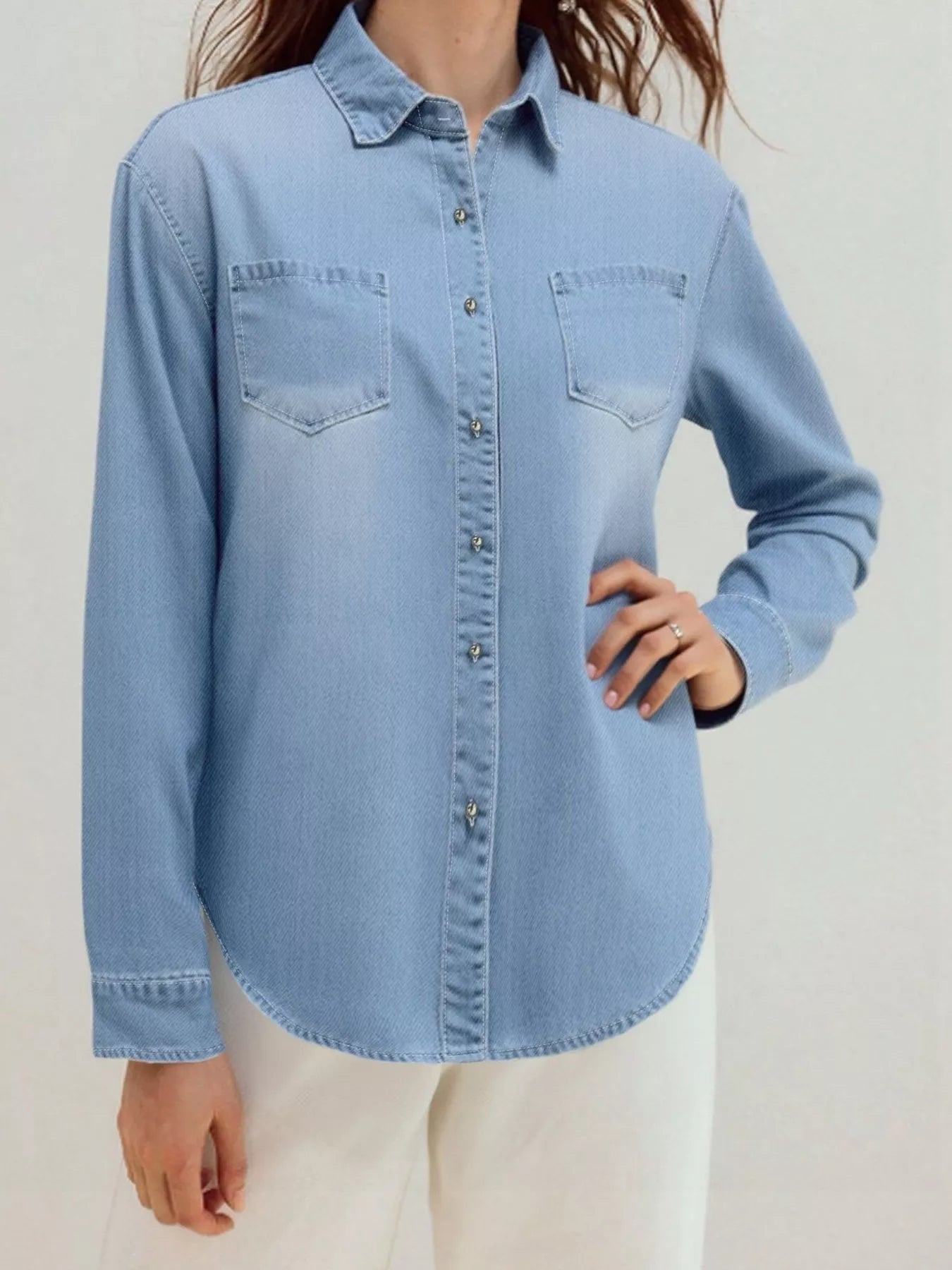 Full Size Button-Up Long Sleeve Denim Shirt Plus Size.