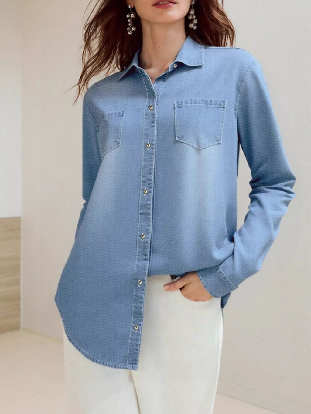 Full Size Button-Up Long Sleeve Denim Shirt Plus Size.