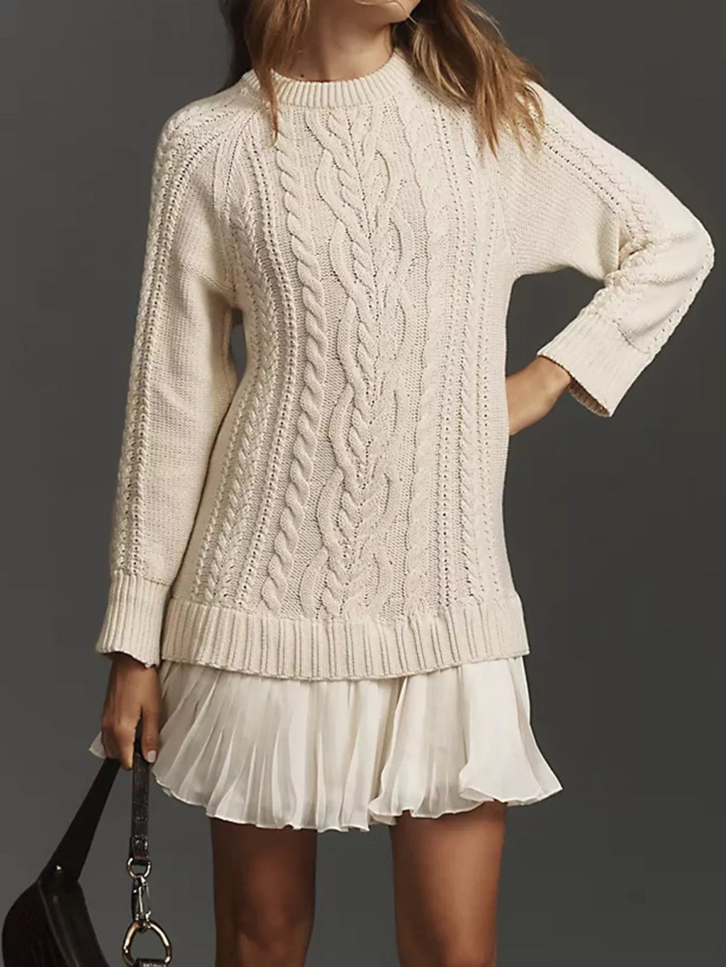 Full Size Cable Knit Pleated Hem Sweater Dress Plus Size.