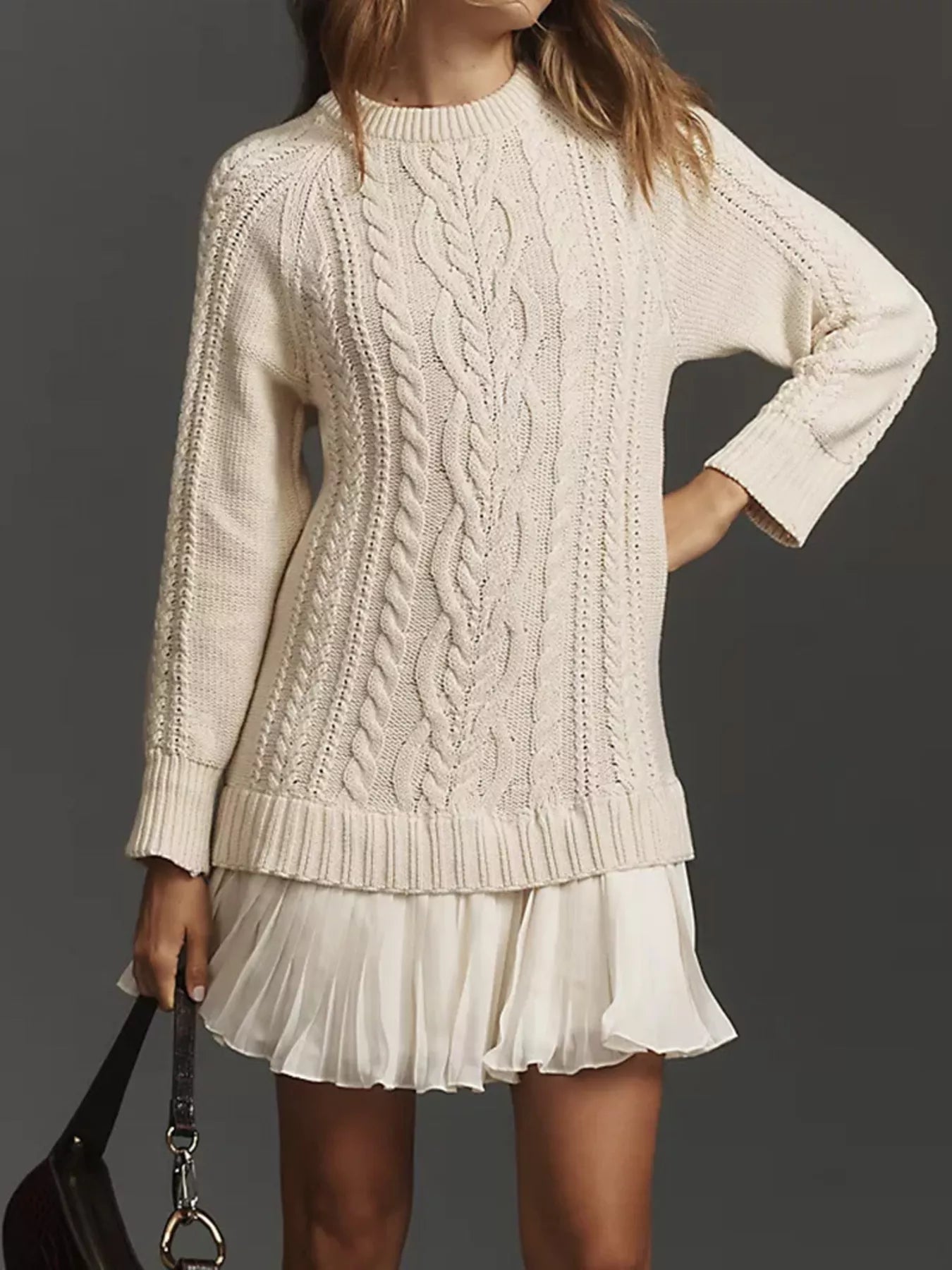 Full Size Cable Knit Pleated Hem Sweater Dress Plus Size.