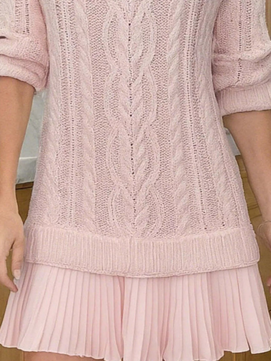 Full Size Cable Knit Pleated Hem Sweater Dress Plus Size.