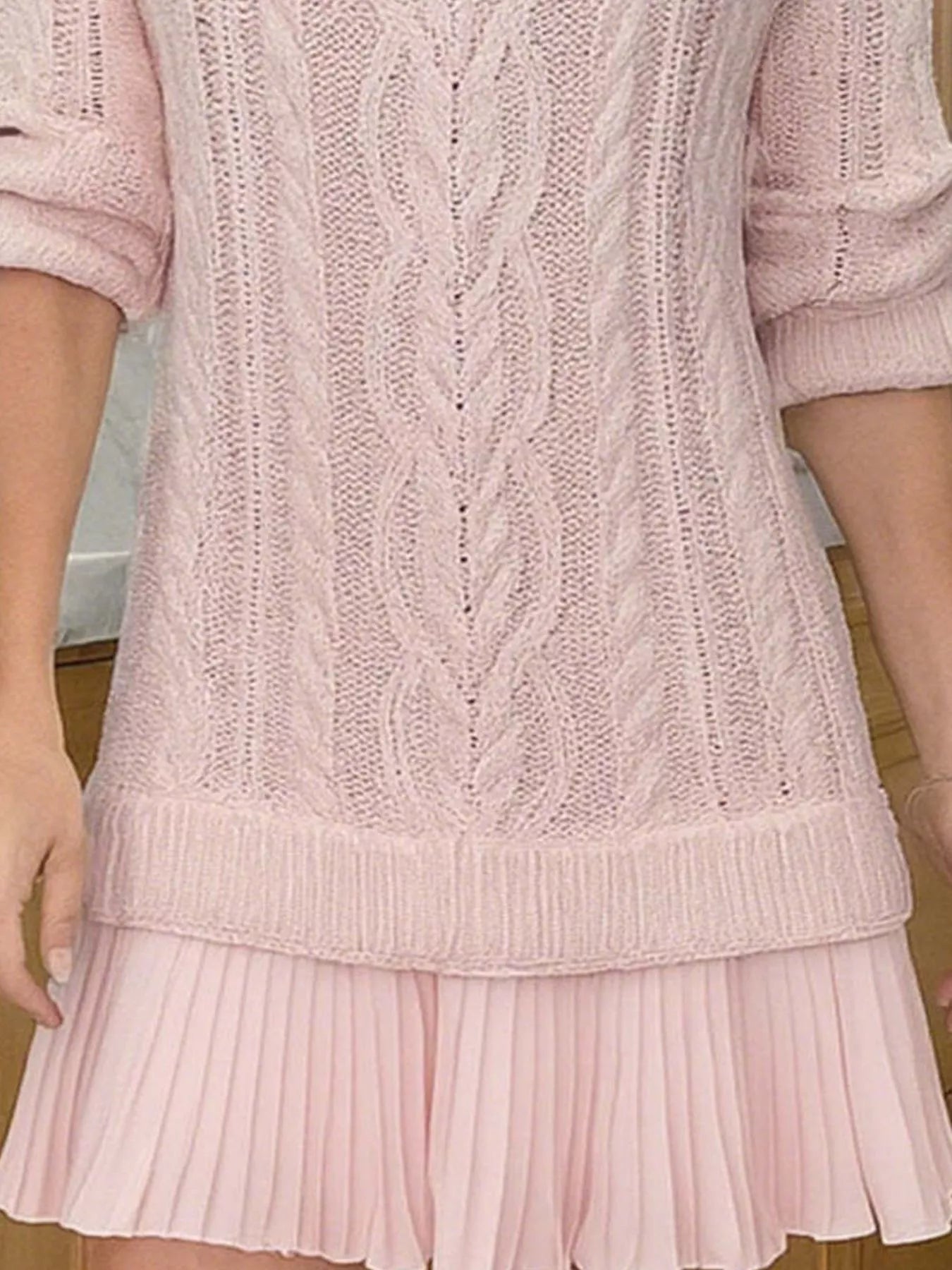 Full Size Cable Knit Pleated Hem Sweater Dress Plus Size.