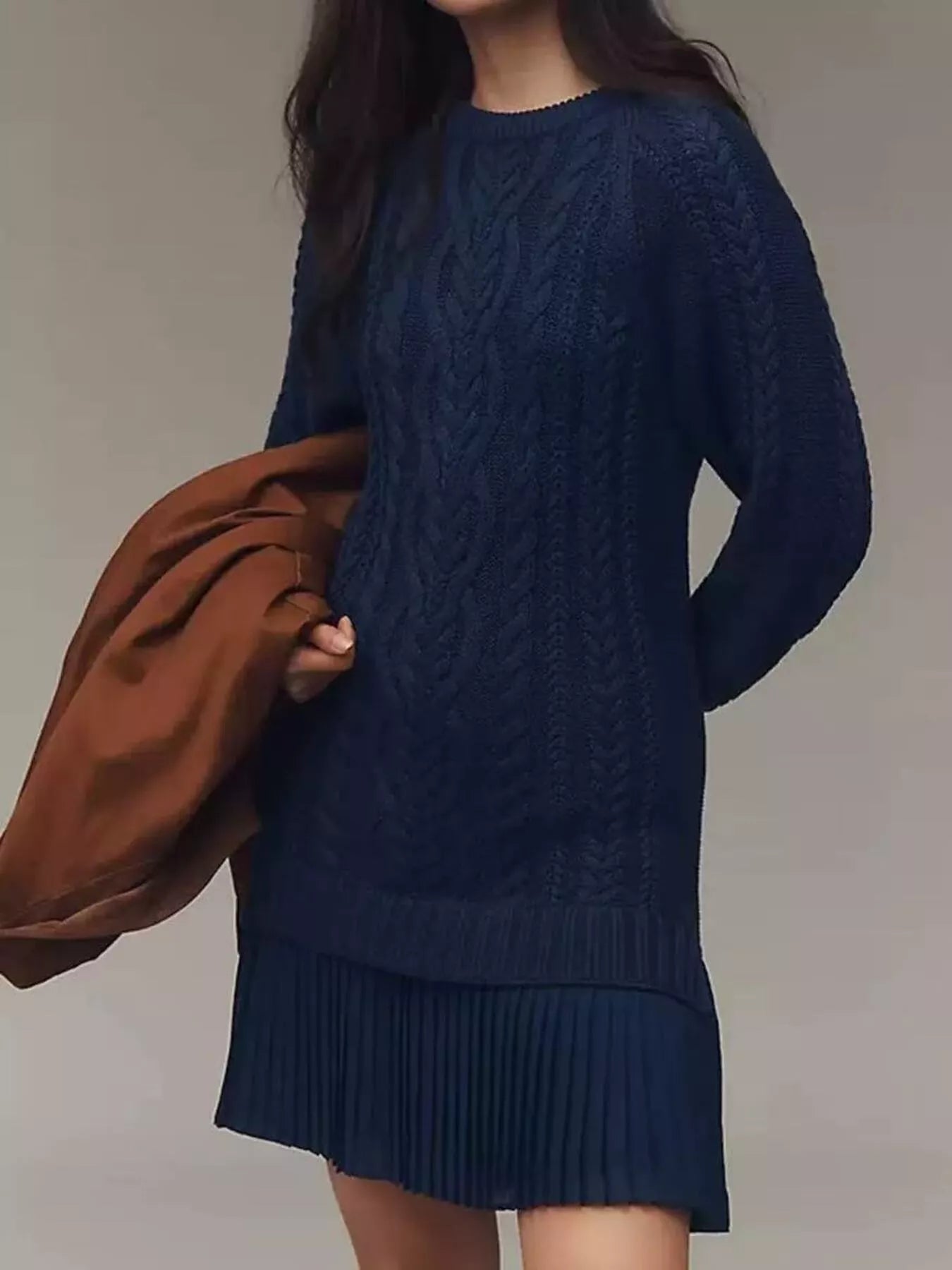 Full Size Cable Knit Pleated Hem Sweater Dress Plus Size.