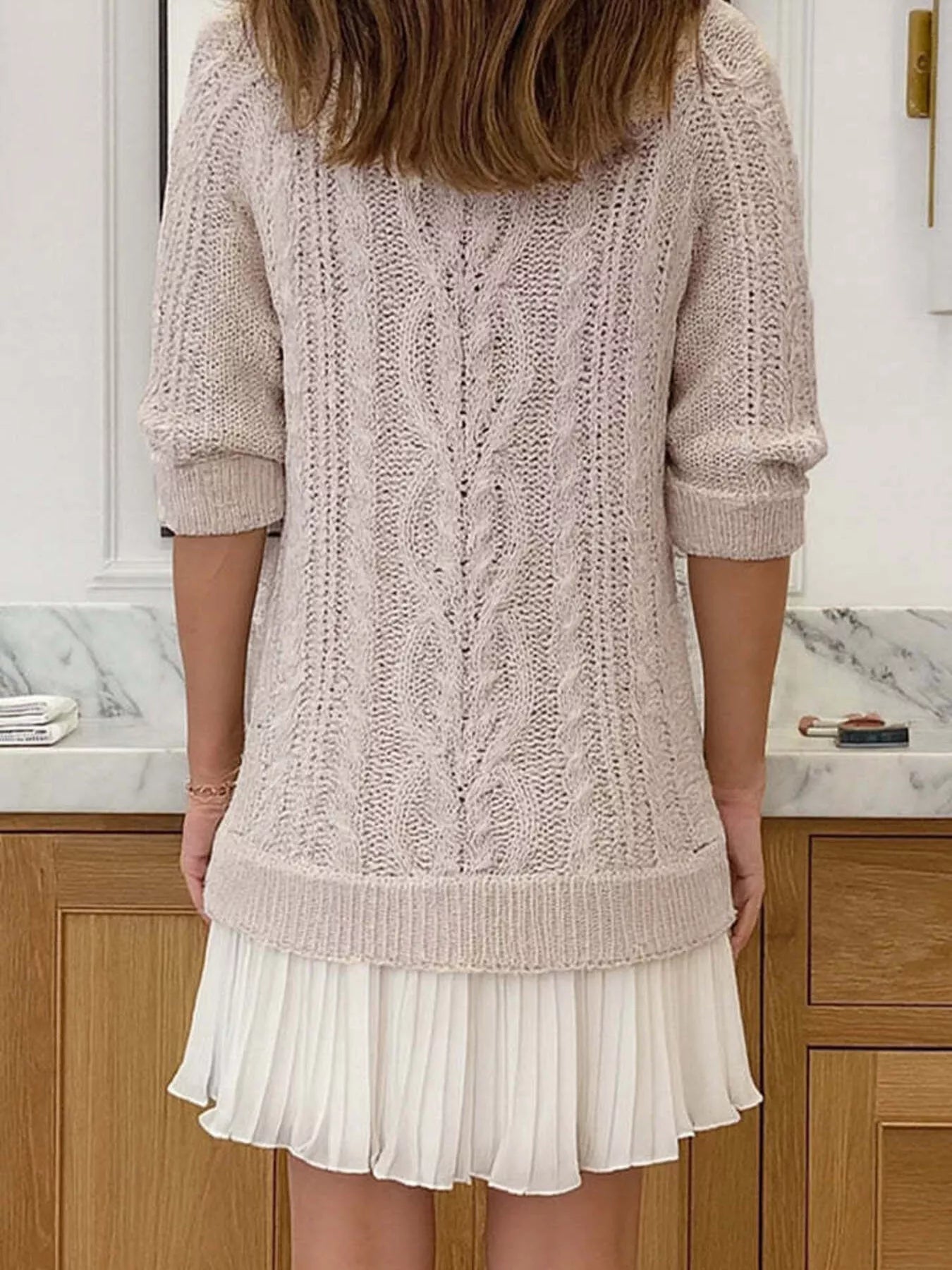 Full Size Cable Knit Pleated Hem Sweater Dress Plus Size.