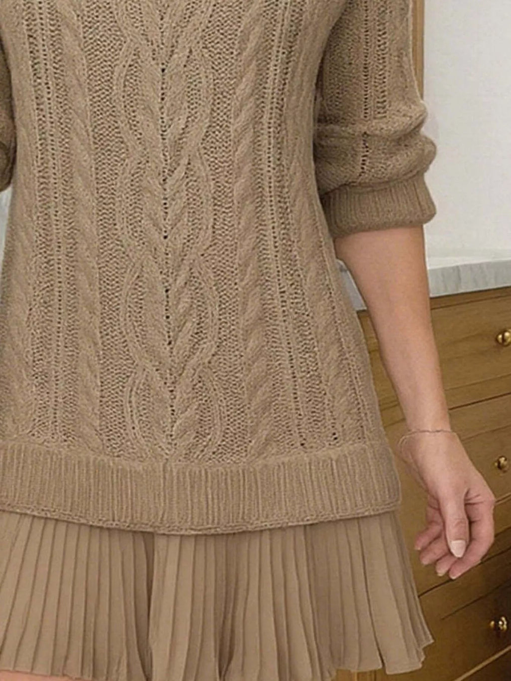 Full Size Cable Knit Pleated Hem Sweater Dress Plus Size.