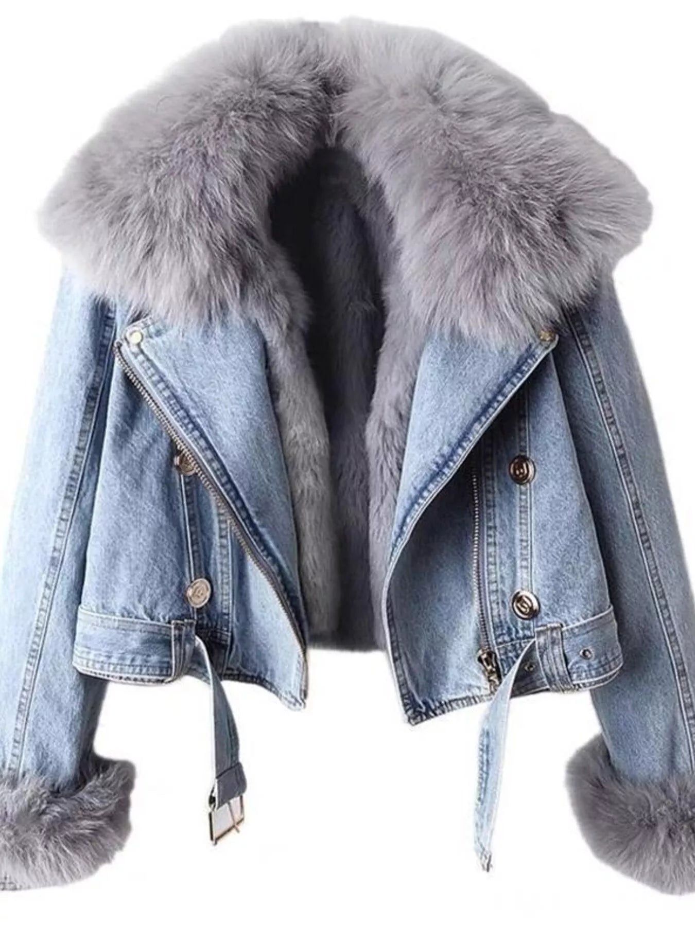 Full Size Faux Fur Collar Denim Jacket Plus Size.