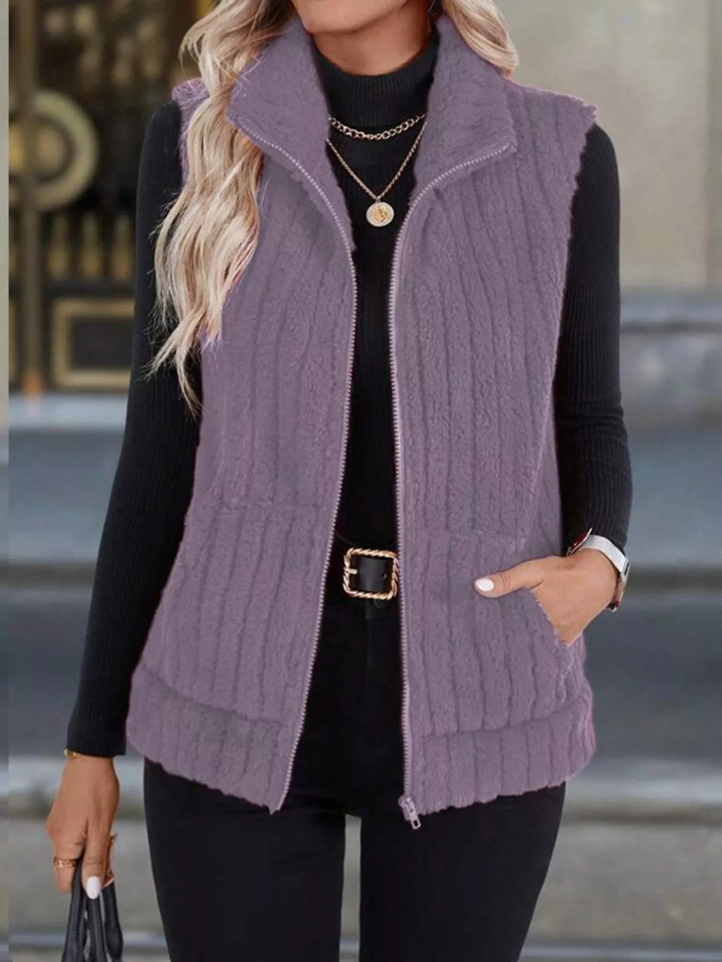 Plus size fleece vest providing warmth and style, ideal for layering in cooler weather