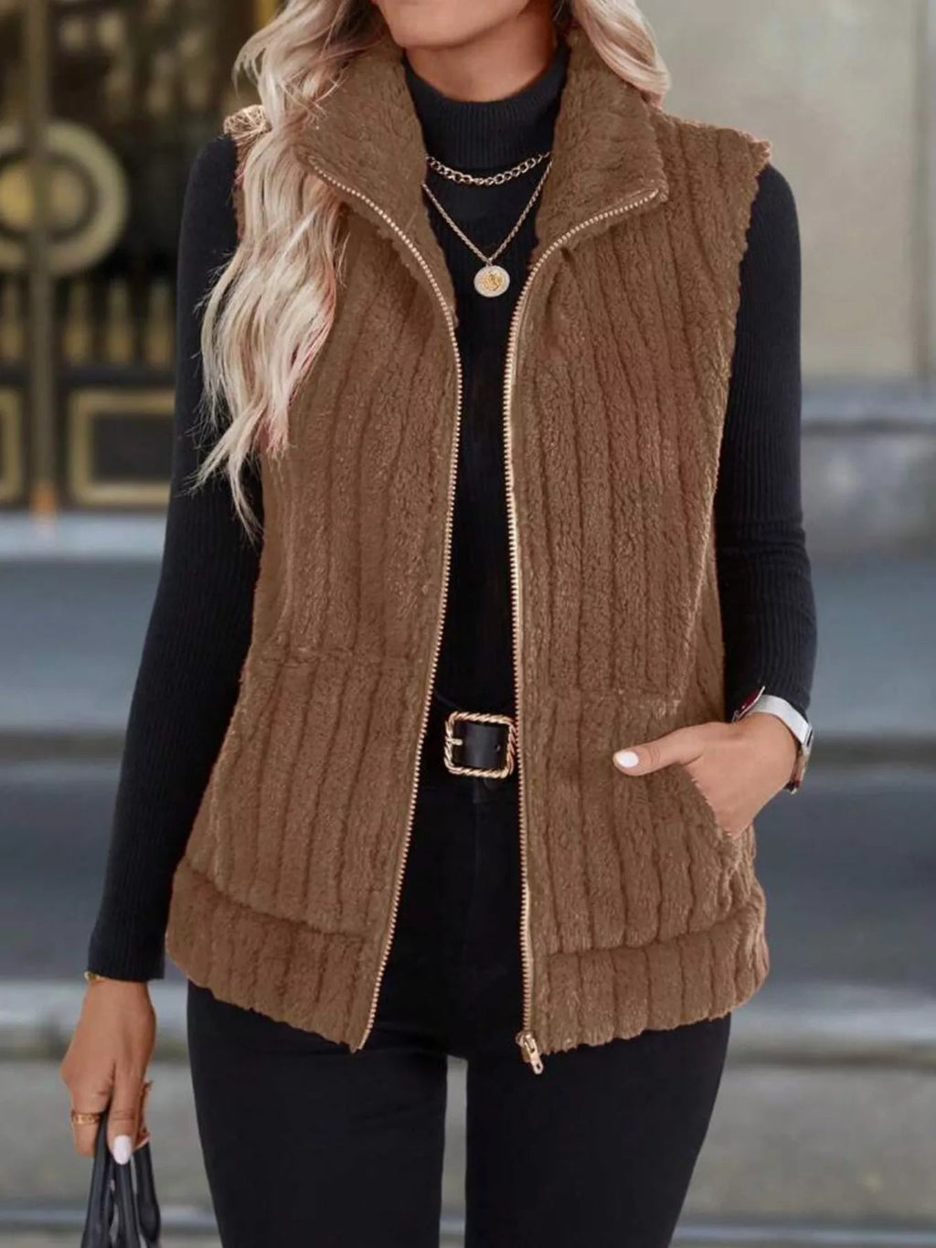 Plus size fleece vest providing warmth and style, ideal for layering in cooler weather