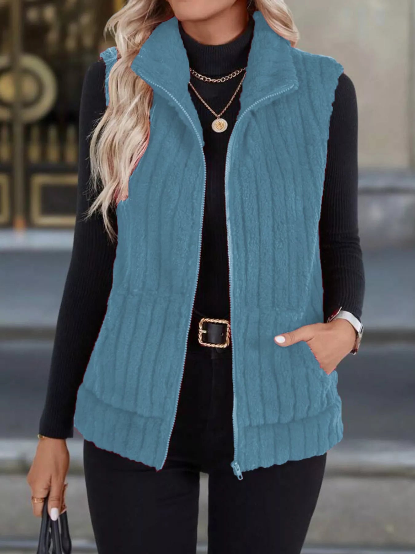 Plus size fleece vest providing warmth and style, ideal for layering in cooler weather