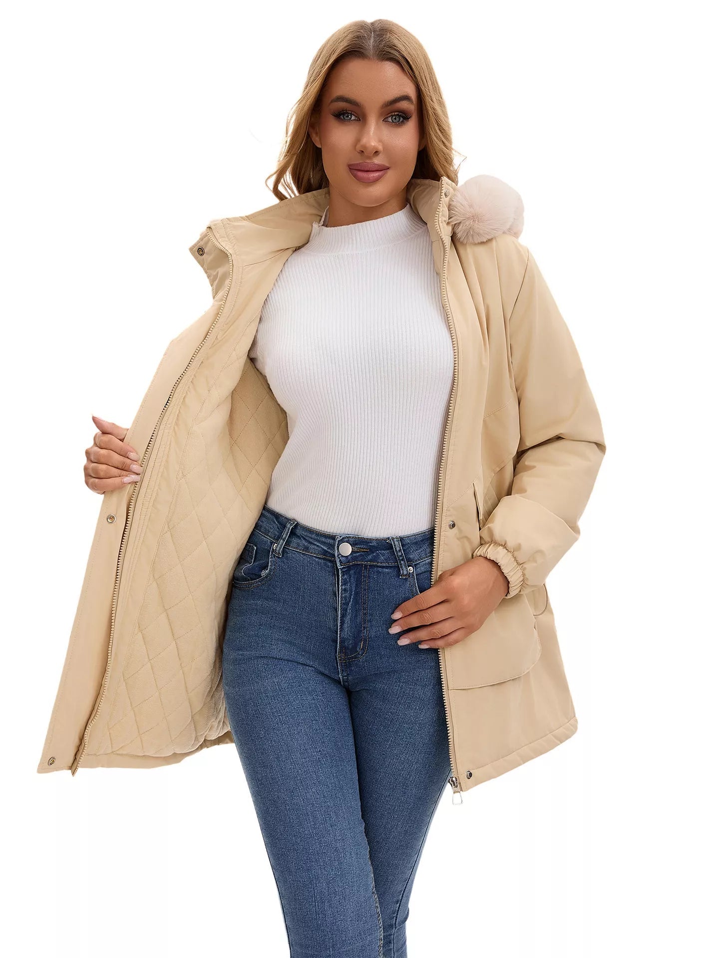 Full Size Fur Hooded Warm Winter Parka Outerwear Plus Size.