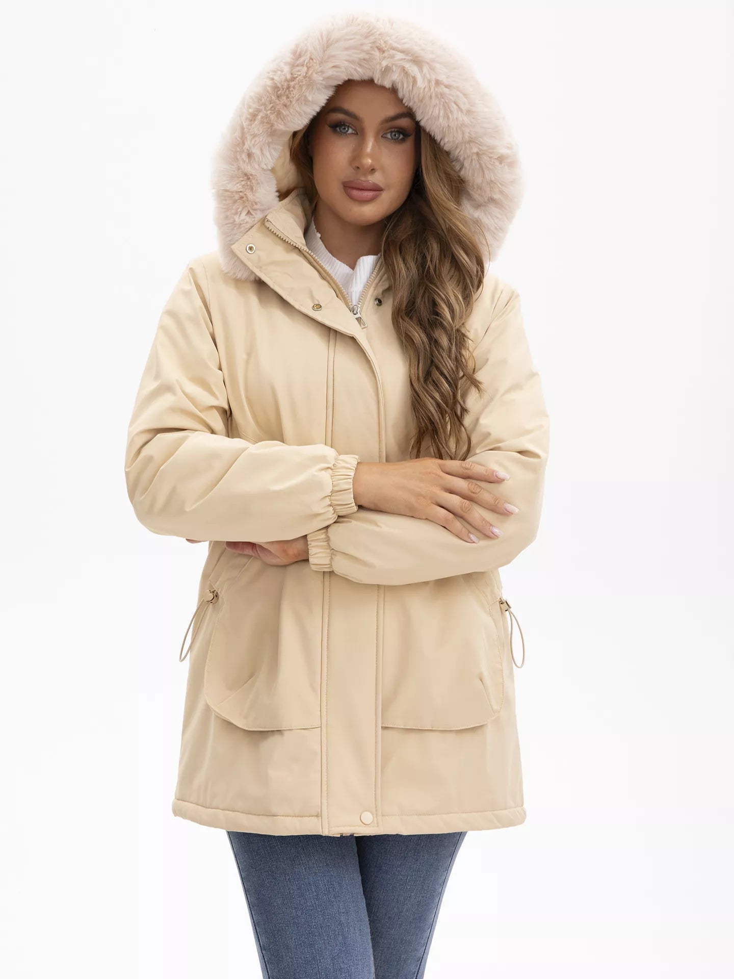 Full Size Fur Hooded Warm Winter Parka Outerwear Plus Size.