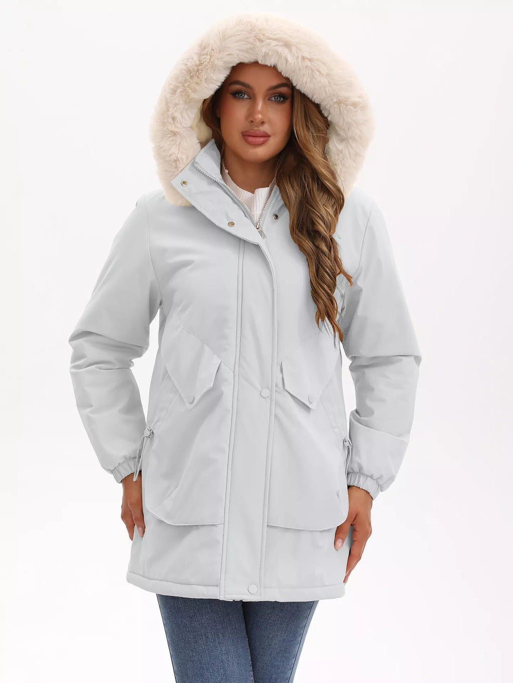 Full Size Fur Hooded Warm Winter Parka Outerwear Plus Size.