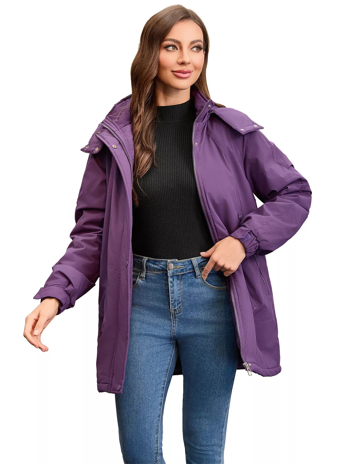 Full Size Hooded Mid-Length Windproof Outerwear Plus Size.