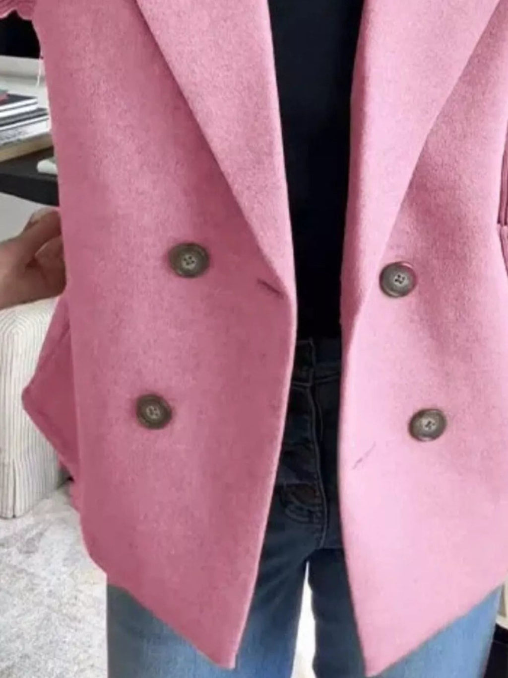 Full Size Knitted Sleeve Wool Blend Double - Breasted Blazer Plus Size